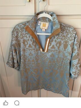 Emily McCarthy Blue Tan Print Popover Top Preppy Resort Medium”